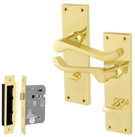 EAI Polished Brass Door Handles with Bathroom Lock 64mm - Victorian Scroll | Complete Bathroom Kit with 1 Pair of Victorian Scroll Lever on Backplate Door Handles, 64mm Bathroom Lock, Fixings Included
