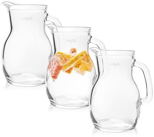KONZEPT Set di 3 brocche in vetro di alta qualità, da 500 ml, perfetto per acqua, latte, succhi di frutta, con manico ergonomico, disponibile in diverse misure
