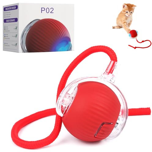 TaimeiMao Smart Cat Toy Ball,Katzenspielzeug Ball Elektrisch Multifunktional,Interaktives Hunde Ball Spielzeug mit USB Aufladbar, 360-Grad-Drehspielzeug für Katzen und Hunde (mit Kordel, rot)