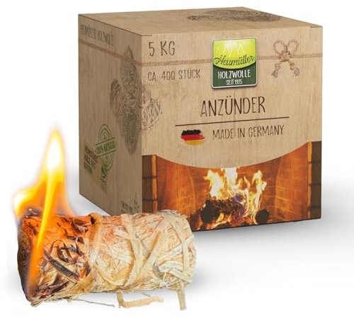 Heumüller Holzwolle 5 kg (ca. 400 Stück) Holzwolle-Anzünder Kaminanzünder | Öko-Anzünder aus Holzwolle & Wachs | Lange Brenndauer & geruchsneutral | Ideal für Kamin, Grill & Feuerstellen