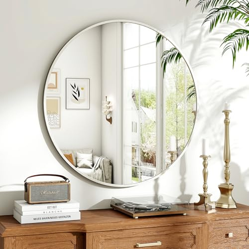 Koonmi 80 cm Round Mirror Silver Aluminium Alloy Frame Modern Wall Mirror for Bathroom, Living Room, Bedroom, Entrance Decoration