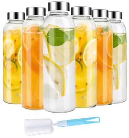Qussedser Glass Juice Bottles with Lids for Juicing 18 Oz, Reusable Clear Glass Water Bottles with Airtight Cap for Refrigerator