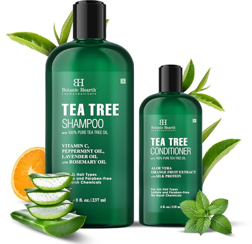 Botanic Hearth Tea Tree Shampoo 8 fl oz (237 ml) and Conditioner 4 fl oz (118 ml) | with 100% Pure Tea Tree Oil, for Itchy and Dry Scalp, Sulfate/Paraben Free | for Men and Women