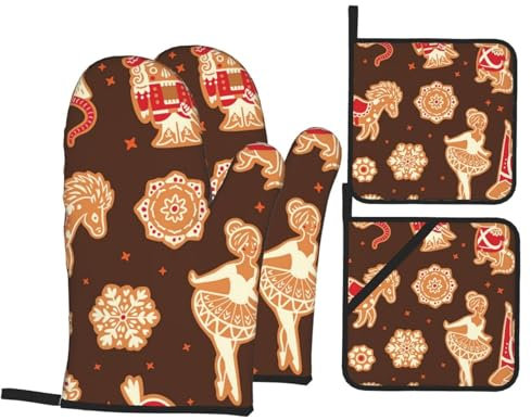 Ofenhandschuhe und Topflappen-Sets für Weihnachten, Lebkuchen-Tänzerin, hitzebeständig, Küchen-Backhandschuhe, rutschfeste Oberfläche zum Kochen, Backen, Grillen, Grillen