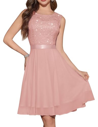 Berylove cocktailklänning dam aftonklänningar elegant för bröllop klänning bröllopsgäst chiffong ärmlös spetsklänning, Glitter-blush, 3XL