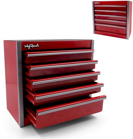 MayRecords Portable Metal Tool Box with 5 Drawers Small Tool Chest Multipurpose Storage Box With Compartments Mini Organiser Tool Box for Tools Storage and Organizers,Home DIY (Red)