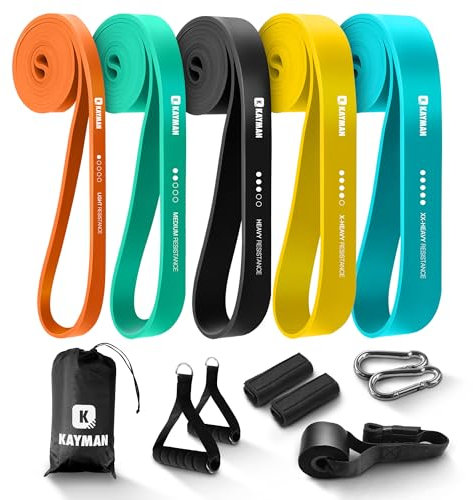 Kayman Long Resistance Bands Set - 5 Pack (5-125lbs) with Door Anchor & Carry Bag – Ideal for Pull-Ups, Yoga, Calisthenics, Strength Training, Stretching,Home Workouts, and Full-Body Fitness Exercises