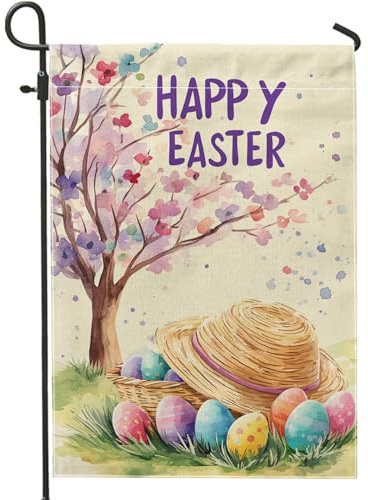 Blumen-Gartenflagge für Ostern und Frühling, bunte Eier und Strohhut, Rasen-Dekoration im Freien, doppelseitige Sackleinen-Flagge für Heimdekoration, Feier