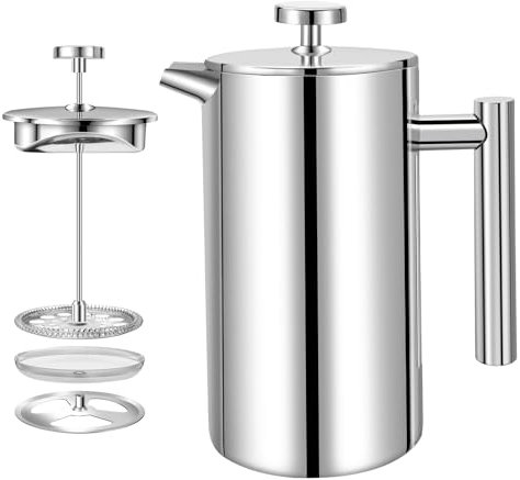 Xinng Cafetière à piston - Double paroi en acier inoxydable 304-1000ml / 34 oz Grande capacité de pot à café en acier inoxydable