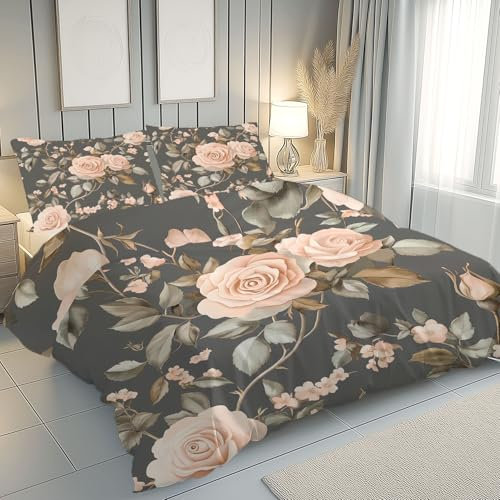 Traditional English Rose Duvet Cover Set Flower Plant Leaves Bedding Quilt Cover Set 3 Pieces Soft Breathable Microfiber Retro Aesthetic Vines Kingsize Duvet Cover Set with Zipper Closure for Adults