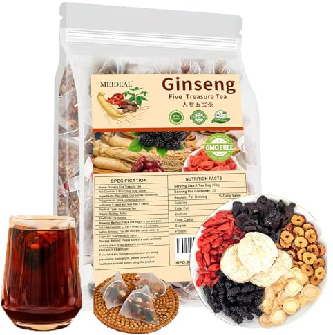 Ginseng Five Treasures Tea, Natural Kidney Tea for Women & Men, 6 Precious Ingredients Blend, Organic Ginseng Six Treasures KidneyTea, Chinese Herbal Teabags (25 Pcs 1 Bag)
