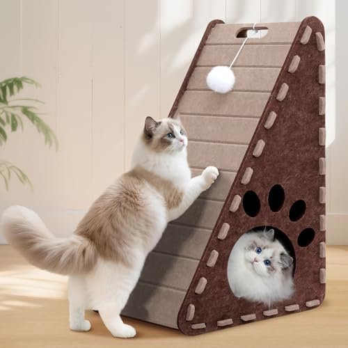 Mittimiya 3-in-1 Filz Kratzbrett Katze für Katzen Kratzen Spielen Ausruhen | 63 cm Hohe Dreieck kratzbretter katze mit Ballspielzeug(Braun)