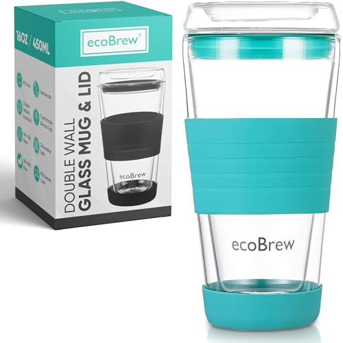 ecoBrew Glass Reusable Coffee Cups | Double Walled Insulated Cup for Hot and Cold Drinks | 16oz / 450ml Eco-Friendly Travel Coffee Mug with Secure Silicone Lid | Bright Aqua