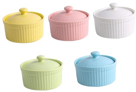 BESTOYARD Ciotole in Ceramica Per Dessert Con Coperchio Pirofile Monoporzione Resistenti Alte Temperature Per Forno e Microonde Colorate Verde Rosa Bianco Giallo Blu Per Budino Fo