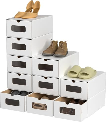 Hebitod Scatole portaoggetti con finestra di visualizzazione, set da 10 pezzi, 33 x 30 x 35 cm, impilabili per scarpe in cartone, scatola per giocattoli e accessori, colore: bianco