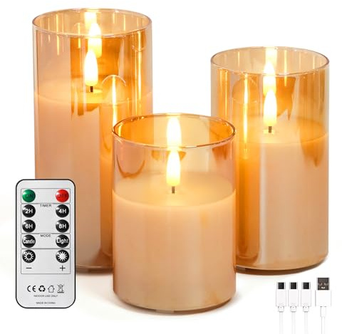 FREEPOWER 3er Set Gold Glas LED Kerzen Wiederaufladbar mit Fernbedienung | Echtwachs, Flammenlose Stumpenkerzen mit Timer, USB Type-C Aufladbar, Flackern, Warmweiß, Dimmbar, Ø7,5 x 10/12,5/15cm