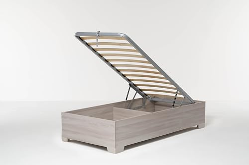 Cangù Letto Contenitore Bed Box Singolo 90x190 cm, Olmo Naturale, con piedini, con Rete a Doghe e Sistema di Sollevamento