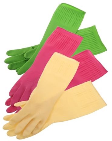 HAMPPLIES 3 Pairs Reusable Latex Gloves with Non Slip Textured Grip Extended Splash Guard for Household Cleaning Dishwashing Laundry Pet Care Green Pink Natural