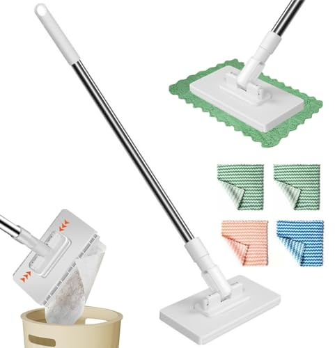 2025 Neu Wischmopp mit Druck-Klemm-System,Bodenwischer mit 4 Stück Mop Pads,Händefreies Waschen Wischmopp 360 Grad Beweglicher Drehkopf für Haushalt Büro Und Restaurant,EIN Knopf zum Wechseln