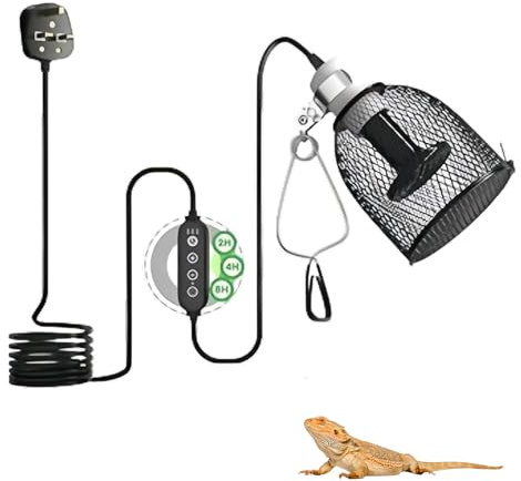 Calenxy Reptilien Wärmelampe Terrarium mit Schutzkorb, Wärmelampe Schildkröten, E27 Reptilien Lampenschirm mit 1 Keramik Heizlampe 75W und Timer für Reptilien, Schildkröte, Chamäleon