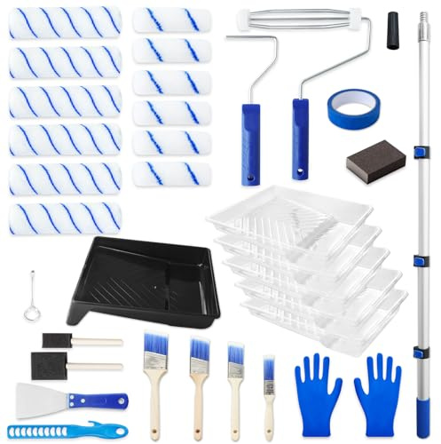 MAXWAVE Paint Roller Kit with Extension Pole, 29 Piece Set, 4 and 9 Paint Rollers, 1.63 Ft to 4 Ft Pole, Painting Brushes Supplies for Professional House Wall Latex, Oil Paints and Stains