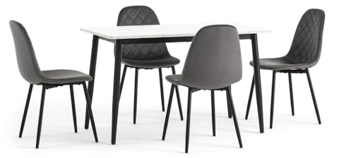 Set tavolo da pranzo e 4 sedie da sala da pranzo imbottite in velluto trapuntato, Tavolo da cucina rettangolare 120x70cm con top effetto marmo e gambe in metallo - Vasco e Laura (Grigio Scuro)