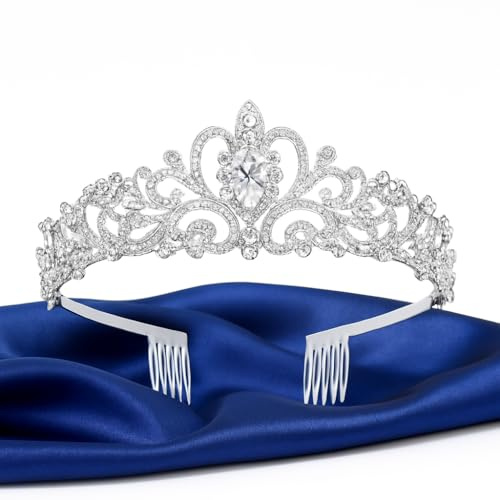 Silver Crystal Rhinestone Tiara Crown with Secure Hair Combs for Women and Girls, Princess Headband for Birthday Parties, Dress Ups and Photoshoots, Lightweight Sparkly Headpiece for Special Occasions