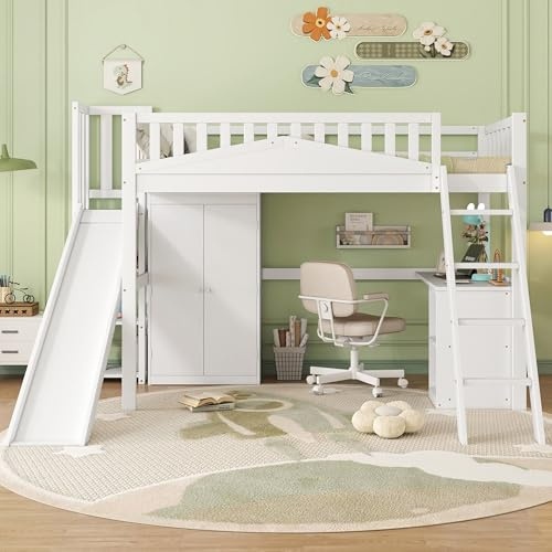 Azkoeesy Cama alta con escritorio y tobogán, 90 x 200 cm, cama infantil con armario, escalera de 4 peldaños, estanterías, cama juvenil con espacio de almacenamiento y somier, color blanco