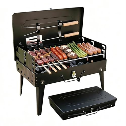 Barbacoa de carbón plegable con diseño tipo maleta, pequeña barbacoa de mesa portátil con parrilla y accesorios, barbacoa compacta de acero inoxidable para el hogar, el camping y los picnics