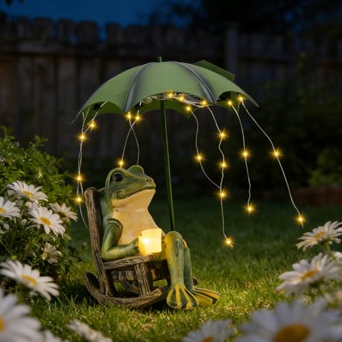 Statue de Grenouille Solaire, Statue Solaire de Jardin Grenouille Ornament Outdoor avec LED Lampes Solaires Figurine d'animal de Jardin avec Parasol pour la cour, Cadeau de Pendaison de Crémaillère