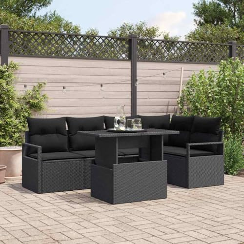 Owoxanthellate Gartenlounge Schwarz 5-Sitzer Poly-Rattan Ecksofa mit höhenverstellbarem Tisch und Stauraum Modernes wetterfestes Balkonmöbelset für Terrasse Garten und kleine Balkone