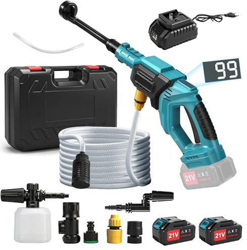 Hidrolimpiadora Bateria, Hidrolimpiadora de Bateria con 2×40000 mAh Baterías, Boquilla 6 en 1 y Manguera 5m, Portátil Pistola de Agua a Presión para Limpiar Coche, Terraza, Jardín