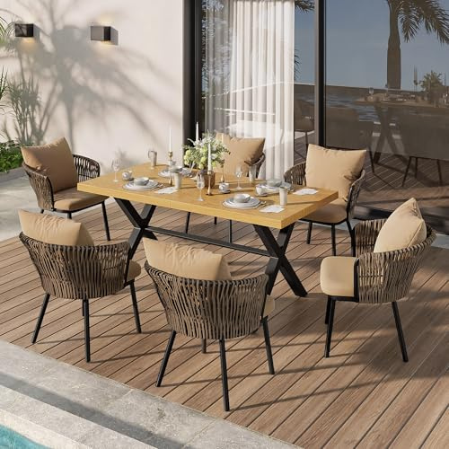 ECLIVON Gartenmöbel Sitzgruppe für 6 Personen, Outdoor Möbel 7-teilig für Garten, Gartenmöbel Set mit Tisch, 6 Sessel mit Sitzkissen, Balkonmöbel Essgruppe für Balkon Terrasse (Khaki + Natur)