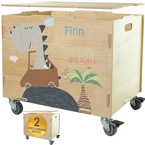 Personalisierbare Rollbox mit Dino Kinder-Motiv mit Text oder Namen | clipfritz (33x45,5x34,5 + 6cm Räder-Höhe) Kisten/Boxen personalisiert, Dinosaurier Spielzeugkiste Holzkiste für Kinderzimmer