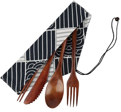 Juego de 4 Cubiertos de Madera Natural Estilo Japonés Reutilizables con Cuchillo, Tenedor, Cuchara y Palillos, Bolsa de Almacenamiento Incluida, Cubiertos Portátiles