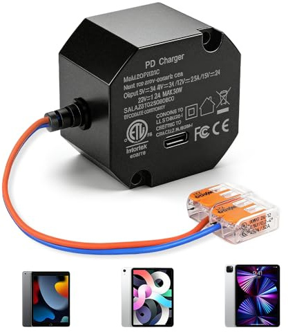 30W USB Type C Power Only for USB C Tablets as iPad, Unterputz Netzteil Prim for 86x86mm Junction Box In Wall USB C PSE 100~240V/AC 50Hz Input, 5V/3A 9V/3A 12V/2.5A 15V/2A 20V/1.5A Output