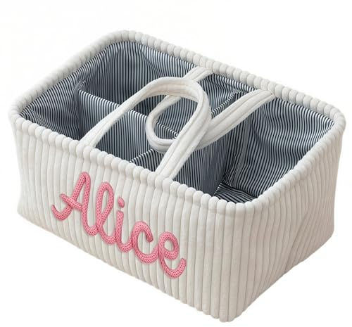 Personalisierter Windel-Caddy Aus Cord, Personalisierter Baby-Aufbewahrungskorb Mit Namen, Kinderzimmer-Organizer-Korb, Geschenk Zur Geburt Einer Neuen Mutter(White)