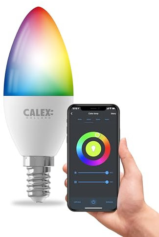 CALEX Smart Ampoule LED Flamme B35 E14 RGB CCT WiFi, 470lm, 4,9W, Alexa/Google/Siri, 16M couleurs, blancs 2200-4000K, dimmable, musique, scénarios, sans pont, WiFi 2.4GHz
