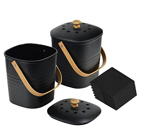 Impresa 2 Pack Bamboo Compost Bin for Kitchen – 1 Gallon Countertop Container with Lid & Indoor Food Waste Composter