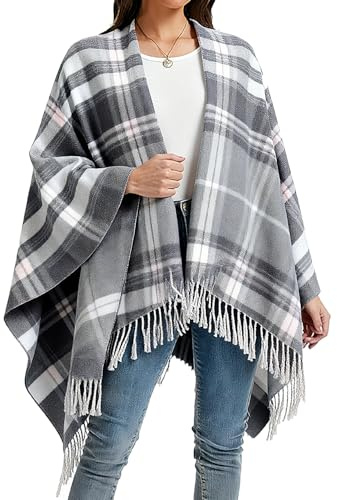 Rayson Poncho Damen Winter Warm Modischer Karierter Schal Damen Faux Kaschmir Karierter Schal Damen Winter Kaschmirschal und Schal verdickter Warmer weicher Schal(Grau)