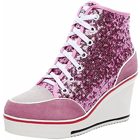 ALLINNINE Women's Sparkly Sneakers Wedge Shoes Heels Pump Lace Up Mid Top Glitter Heightening Shoes Trendy Wedding Sequins Slipsole (Sequins Pink, 11)