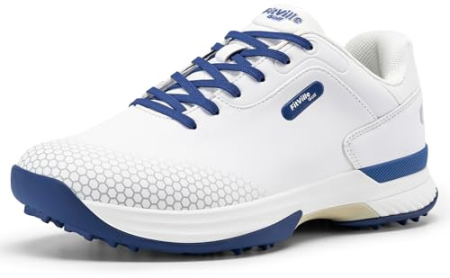 FitVille Wide Mens Golf Shoes Professional Outdoor Waterproof Spiked Golf Shoes for Men(White Blue, 10.5 Wide)