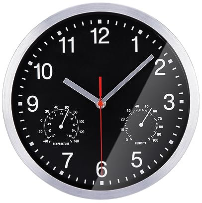 NESIFEE Orologio da parete senza ticchettio, radio da parete, nero, con temperatura e umidità, 25 cm, funzionamento a batteria, grande, vintage, moderno, silenzioso, per cucina, camera da letto