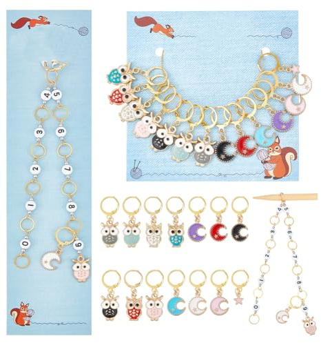 NBEADS 1 Cadena de Contador de Hileras para Tejer con Forma de Búho Y 14 marcadores de Puntadas, Marcador de Puntada de Esmalte de Aleación para Tejer, Coser, Hacer Joyas, Seguimiento de Ganchillo