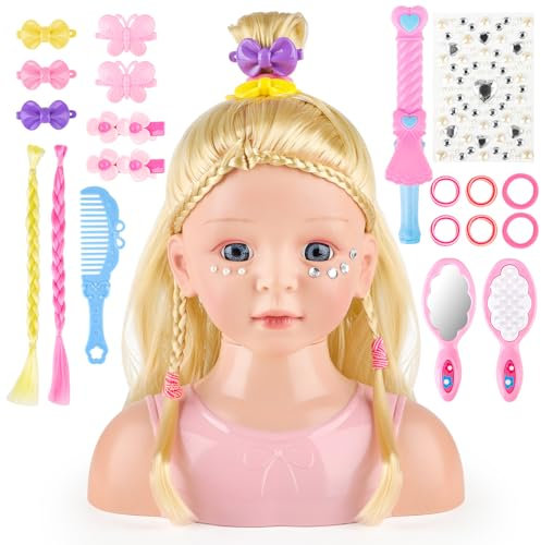deAO Schminkkopf Puppe Frisierkopf für Kinder, 23cm Stylingkopf Langen Blonden Haaren mit Schminke und Haarstyling Zubehör, Styling Head Make-up und Hairdressing Head für Mädchen ab 3 Jahren