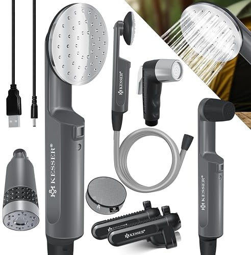 KESSER® Ducha de camping con bomba sumergible con batería, 2 baterías de litio de 2200 mAh, cable de carga USB, para camping, jardín, coche, exterior, ducha para perros, limpieza de coche, incluye