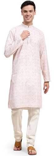 SKAVIJ Herrbroderad Kurta pyjamas med paljetter 2-delat set, Orange, M