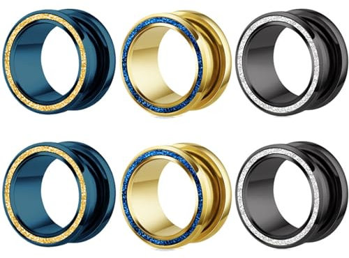 6Pcs Tunnel 12mm Edelstahl, Ohr+Tunnel Schwarz-Blau-Gold Matt Piercing Set