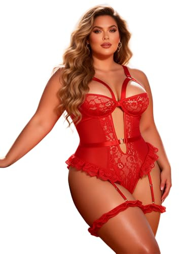 ohyeahlady Body Mujer Sexy Para Vestir Sin Mangas Tallas Grandes Bodis Corta Elastico Mono Babydoll de Encaje Floral Lencería y Atrevida de Lujo Ropa Interior Con Liguero (Rojo,3XL-4XL)