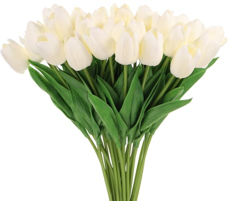 QUARKZMAN 24Pcs Künstliche Tulpen, PU Fake Tulpen, Gefälschter Tulpenstrauß Echte Berührungsblumen für Zuhause Dekor Hochzeit Hotel Büro Mittelstück Dekor（Gelb Weiß）